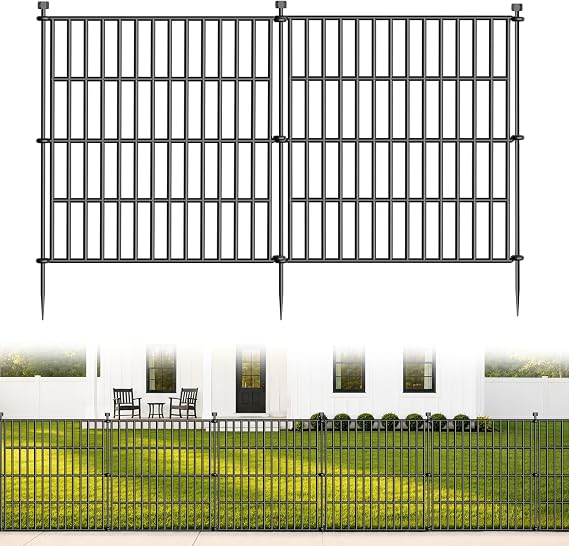 5 Panels No Dig Decorative Outdoor Garden Fence for Yard, 24 in(H) X 10 ft(L) Animal Barrier Fencing Rustproof Metal Wire Panel Border for Dog, Rabbits, and Patio Temporary Ground Stakes