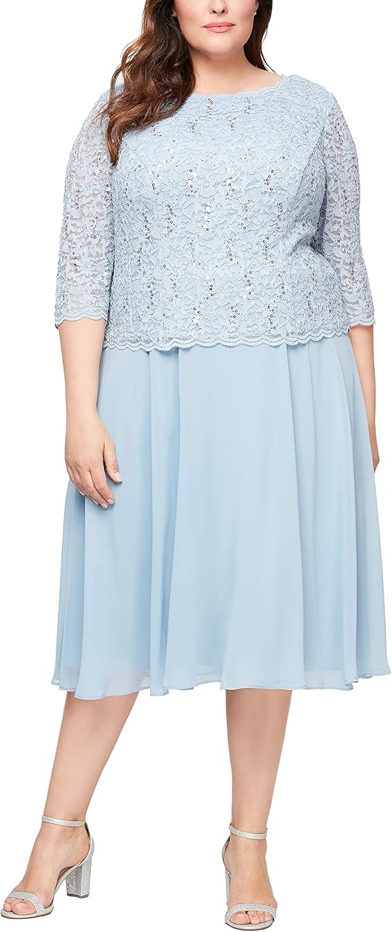 Alex Evenings Women's Tea Length Embroidered Bodice Mother of The Bride Gown, Wedding Guest Dress