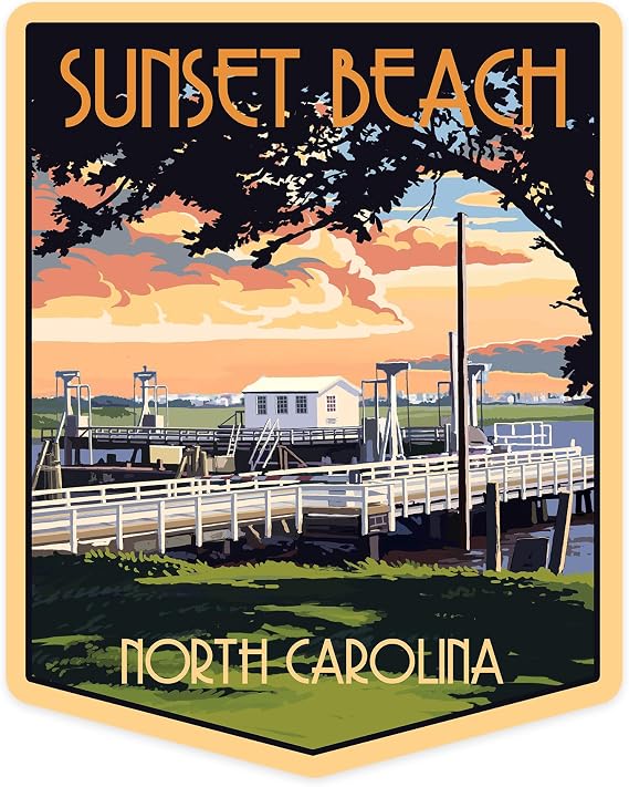 Lantern Press Sticker Calabash, North Carolina, Sunset Beach, Swinging Bridge Die Cut Vinyl, (Waterproof Decal for Cars, Water Bottles, Laptops, Coolers), Small