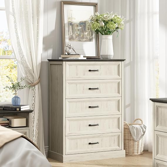 CARPETNAL Farmhouse 5 Drawer Dresser for Bedroom, 44" Tall White Dresser.