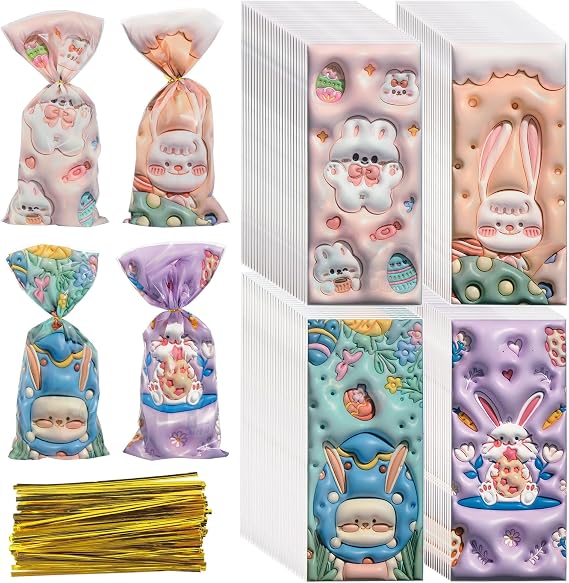 HTBMALL 100 PCS Cellophane Treat Bags, 10.8x4.9 Inch Cartoon Animal Cello Candy Bags, 3D Stand-Up Gusset Food Gift Bags for Cookies, Snacks, Popcorn, Party Favors, Birthday Goodie Wrapping Supplies