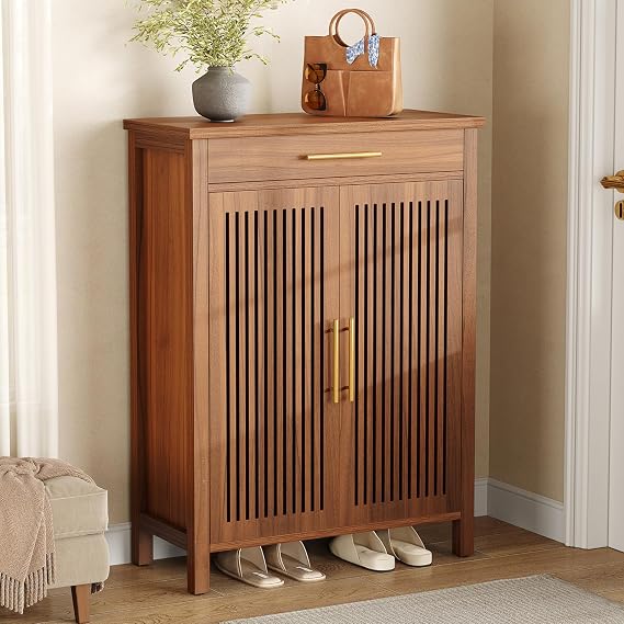 LITTLE TREE Narrow Storage Shoe Rack, 6-Tier Wooden Shoe Cabinet with Drawer, Freestanding Slim Shoe Cabinet Shoe Organizer for Entryway, Hallway, Closet, Bedroom, Living Room, Brown