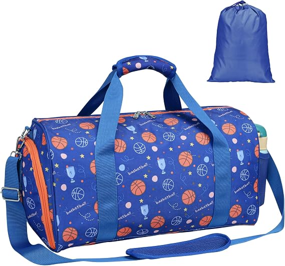 Bagseri Boys Duffle Bag for Travel - Kids Gym & Sports Bag with Shoe Compartment & Water Resistant Wet Pocket, Weekender for Camping & Sleepover (Blue Basketball)