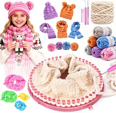 Spardar Hat Knitting Kit, Weaving Loom Kit with Portable Storage Bag, Includes Knitting Tools, 8Pom-Pom Makers, 7 Color Yarns, Knit Hats, Scarves, Ideal Christmas or Birthday Gift, Pink