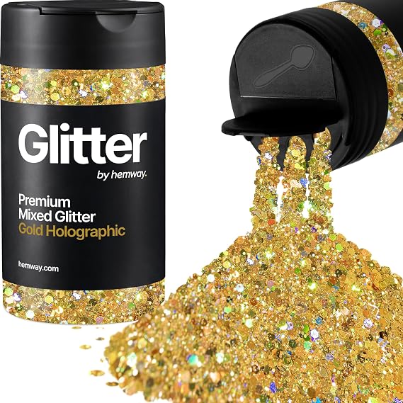 Hemway Premium Glitter Shaker - Gold Holographic Mix | Mixed Size Metallic Flake Sequins for Resin & Epoxy Crafts | Craft Supplies for Tumblers, Festival, Hair, Face, Body, Eye & Nail Art | 105 g