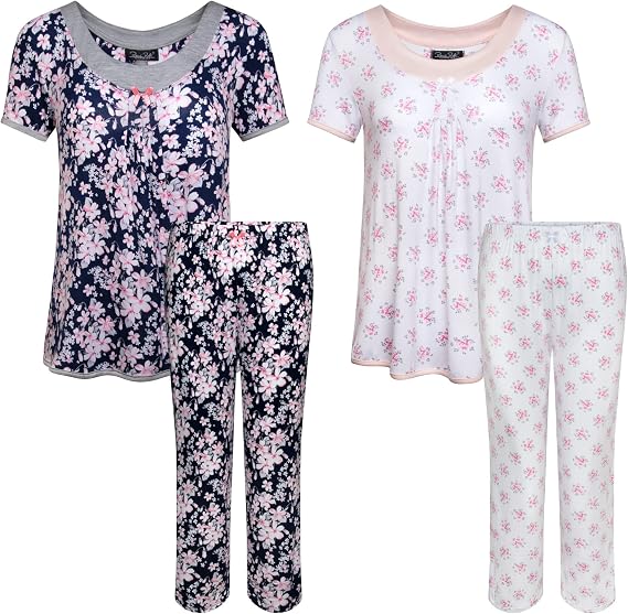 Rene Rofe Women's 2 Pack Short Sleeve Top and Capri Pant Pajama Sleep Loungewear Set - Value Pack