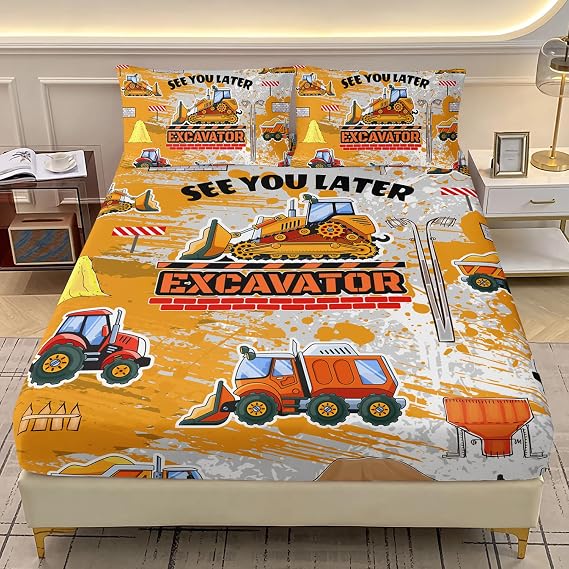 AILONEN Kids Construction Truck Fitted Sheet Set Twin XL Size, Boys Yellow Cartoon Cars Bedding Set,Excavator Tractor Truck Bed Sheet Set for Bedroom Decor,1 Fitted Sheet and 2 Pillowcases,3-Piece