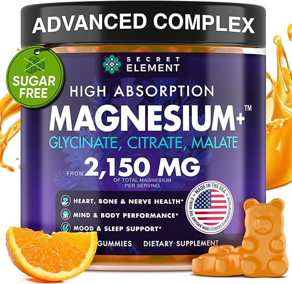 Magnesium Glycinate 2150MG Gummies for Women and Men, High Absorption Magnesium Glycinate, Citrate, Malate Gummies for Adults & Kids, Sugar Free, Vegan, 60 Chews, Orange