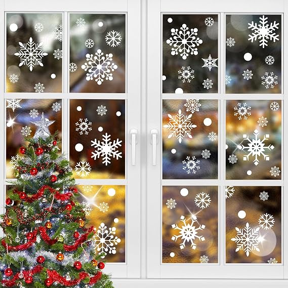 OWill Christmas Window Stickers, 480 PCS Snowflake Window Sticker Pack for Christmas Decorations, Reusable Snowflake Clings for Xmas Window Decoration