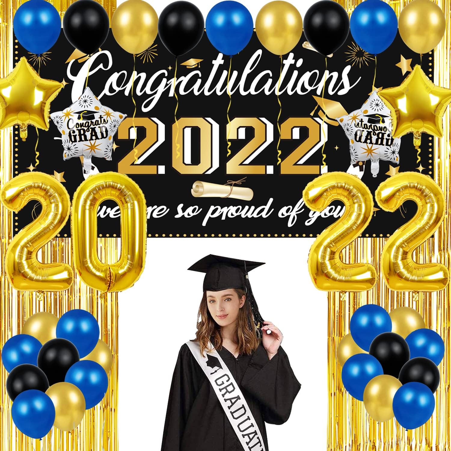 Graduation Decorations 2021 Balloons Props - 40 Inch Large 2021 Balloons with 7 Blue Confetti Balloons,7 Blue Latex Balloons, 7 Gold Balloons, 1 Balloon Tie Tool for Graduation Party Decorations