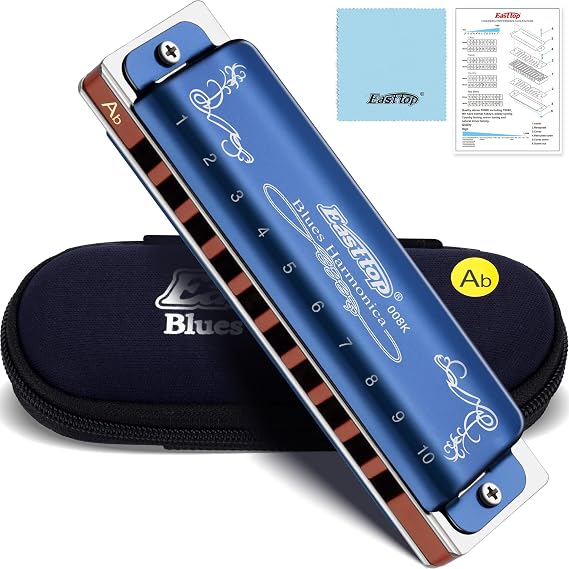 East top 10 Holes 20 Tones 008K Diatonic Harmonica Key of Ab with Blue Case, Standard Harmonicas For Adults, Professional Player and Students