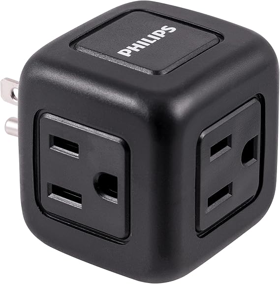 Philips Accessories Philips 3-Outlet Extender, Surge Protector, Charging Station, Grounded Wall Tap, 3-Prong, Space Saving Design, Black, SPP3002BC/37