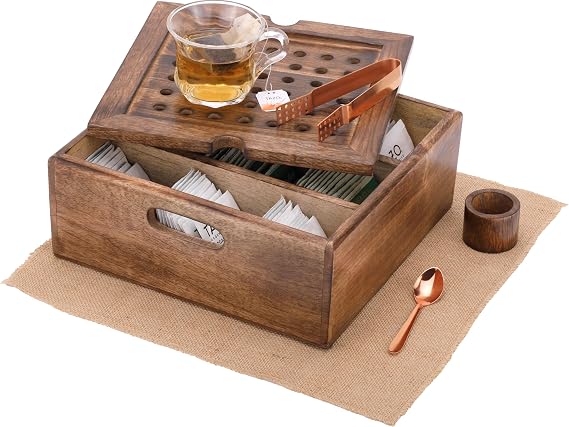 Wooden Tea Bag Organizer | Dark Burnt Finish | 9-Compartment Storage | Countertop | Accessories: Copper-Plated Tea Bag Squeezer & Spoon, Natural Jute Placemat, Wooden Napkin Ring