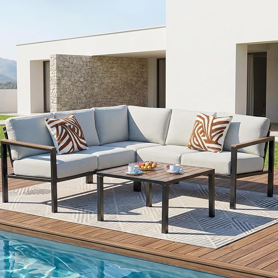 6 Pieces Outdoor Furniture Set, L Shape Patio Sectional Sofa, Grey