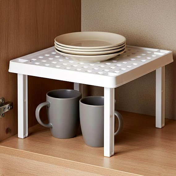 GEEZY Stackable Square Shelf Insert - Small Kitchen Cupboard Organiser & Pantry Cabinet Counter Storage Rack - White Space Saving Plastic Stand for Mugs, Plates, Bowls