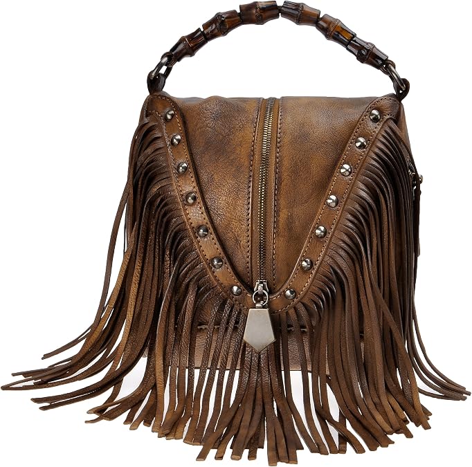 ZLYC Women Leather Fringe Crossbody Bag Boho Bamboo Handle Studded Handbag | bamboo handle decoration,ideal for travel,street styling & portrait shoots,adjustable shoulder strap,roomy daily storage