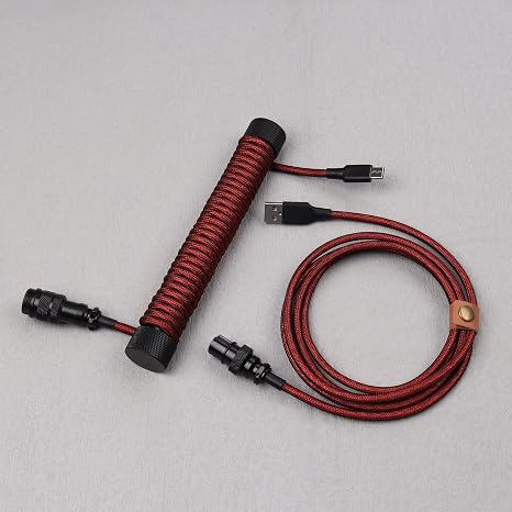 Double Sleeved Coiled Cable, Fixed Rod Winder, Detachable Aviator Connector, Cable for Mechanical Keyboard(Black and Red)