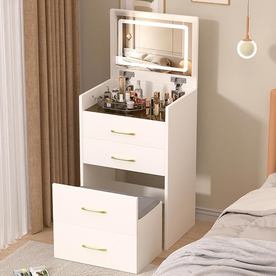 3 in 1 Vanity Desk with Open Top Mirror,Small Make Up Vanitys Set with Visible Glass Desktop,Compact Makeup Vanity with 3 Drawers,Dressing Table for Bedroom