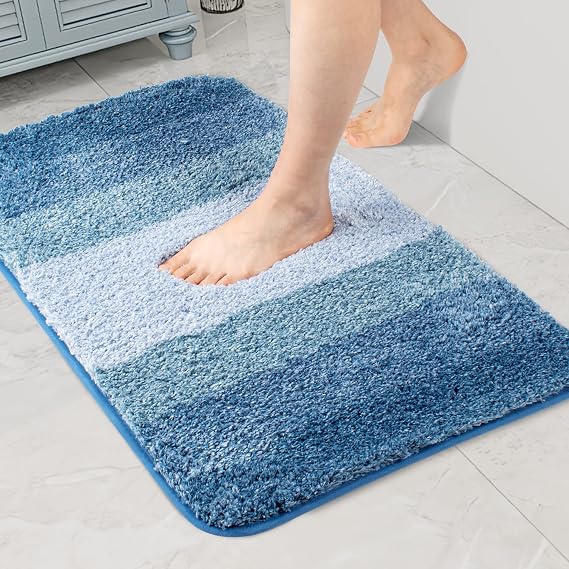Walensee Bath Rug - Non Slip, Soft Microfiber Shaggy Mat (20 x 32, Ombre Blue) Water Absorbent, Machine Washable, Thick Plush Shower Mat