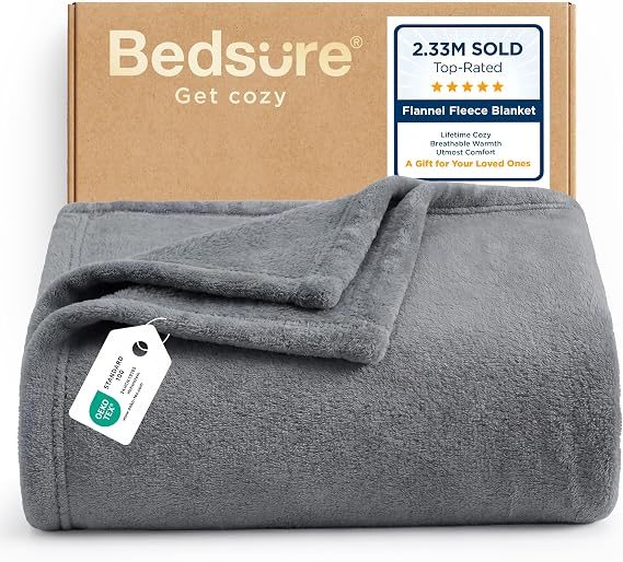 Bedsure Fleece Throw Blanket for Bed - Flannel, Silver Grey, 150x200 cm