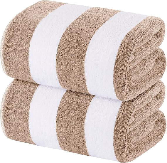 White Classic Beach Towels Oversized Cabana Stripe Cotton Bath Towel Large - Luxury Plush Thick Hotel Swim Pool Towels for Adults Super Absorbent Quick Dry - 35x70 Beige [2 Pack]