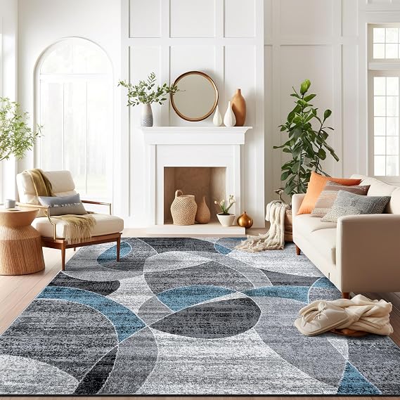Rugshop Abstract Circles Non-Shedding Large Area Rug Blue 7'10" x 10' | Rectangular, Size 7'10" x 10', Living Room, Bedroom, Dining Room, Home Office, Kitchen, Entryway, Hallway, Nursery, Kids Room