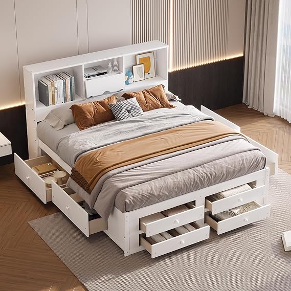 King Size Platform Bed with Storage Headboard and 8 Drawers, Captain Bed Frame with Bookcase and Slats for Adults, Teens, Kids, Space-Saving, No Box Spring Needed-White