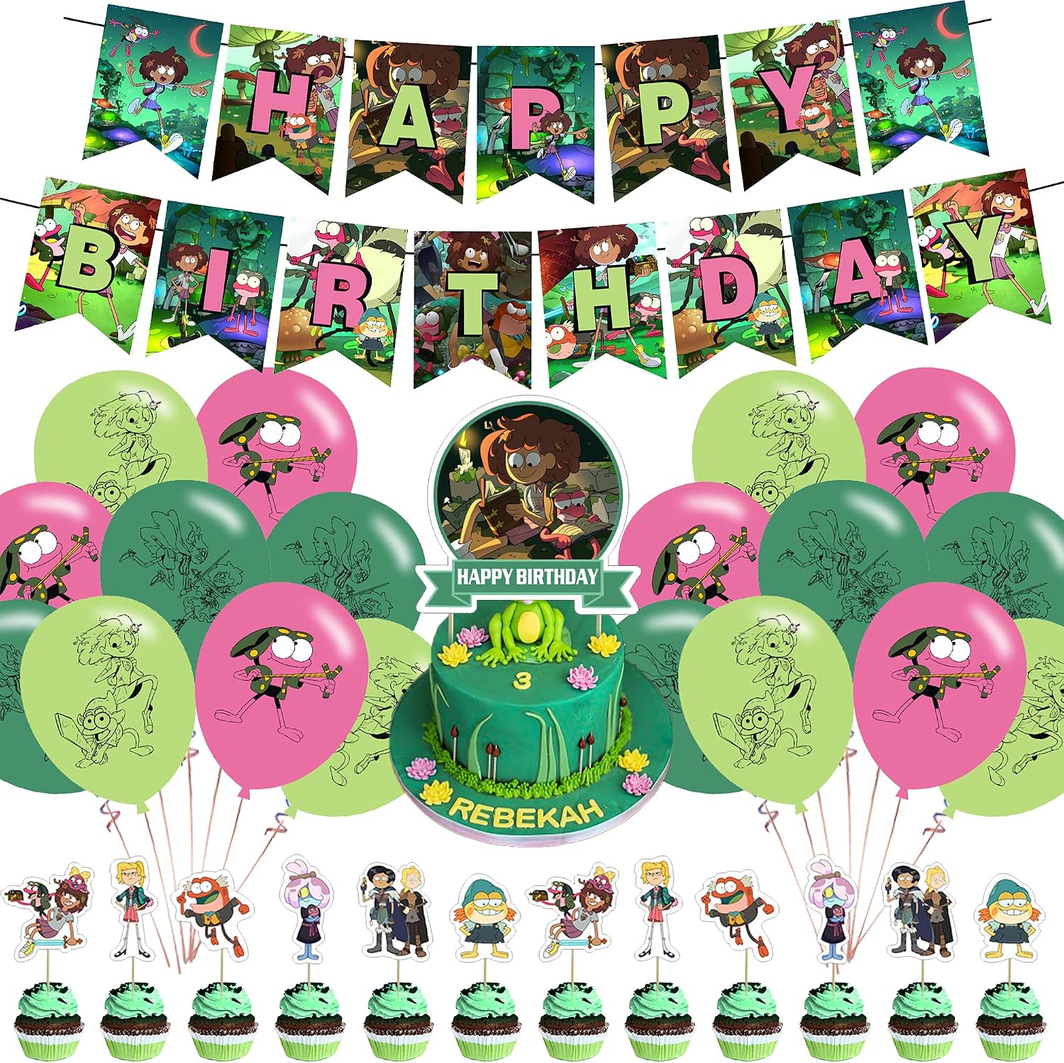 Amphibia Girl Party Decorations,Birthday Party Supplies For Amphibia Girl Party Supplies Includes Banner - Cake Topper - 12 Cupcake Toppers - 18 Balloons