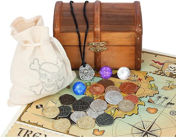 Kid's Treasure Chest with Replica Pirate Coins/Foreign Coins/Gems/Necklace Coin Jewelry