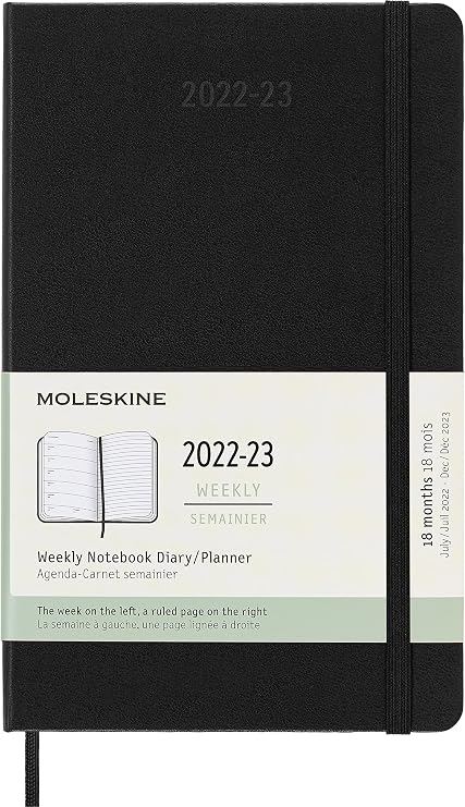 Moleskine Classic 18 Month 2022-2023 Weekly Planner, Hard Cover, Large (5" x 8.25"), Black