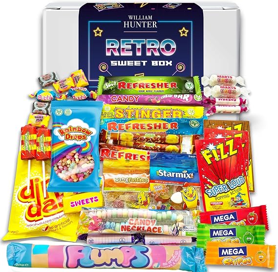 William Hunter Retro Sweets Gift Box – British Retro Sweet Hamper of Old Fashioned, Sour and Chewy Sweets Mix - Nostalgic Sweet Box Gift for Adults, Birthdays & Christmas - 30+ Items