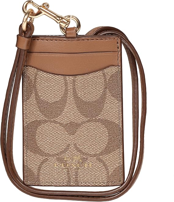 Coach Signature C PVC Canvas Leather Khaki Saddle Lanyard, Badge ID Credit Card Holder 63274