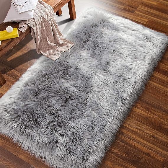 Grey Faux Fur Rug Fluffy Shag Area Rug Soft Plush Bedroom Living Room