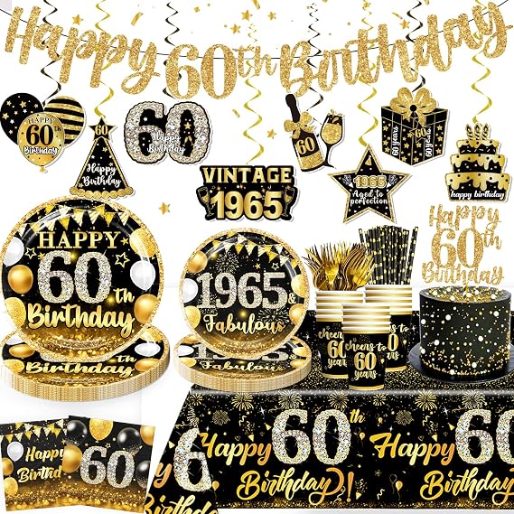170pcs 60th Birthday Decorations for Men Tableware Set, Black Gold 60th Birthday Plates Napkins Cups Banner 2pcs Waterproof Tablecloth for 1965