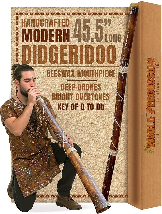 World Percussion USA Modern Didgeridoo Instrument Hand-fired with Beeswax Mouthpiece, Durable and Lightweight, Ideal for Beginners Key of D