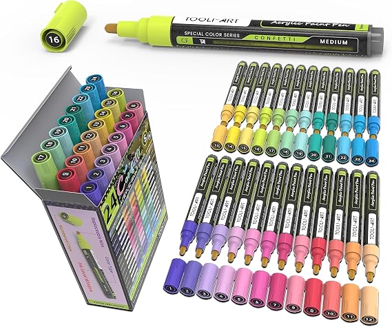 24 Confetti Colors Acrylic Paint Pens Markers Set 3mm Medium Tip, Rock Painting, Glass, Mugs, Wood, Metal, Canvas, Pottery, Plastic, DIY Projects, Illustration. Non Toxic, Waterbased, Quick Drying