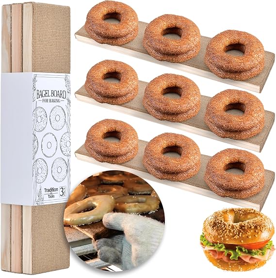 Bagel Baking Boards 3-Pack | 15.7 x 3.5 x 0.8" Burlap Covered Cedar Boards | Bagel Boards for Baking Bagels | Food Grade Burlap & Cedar| Perfect for New York Style Bagel Making