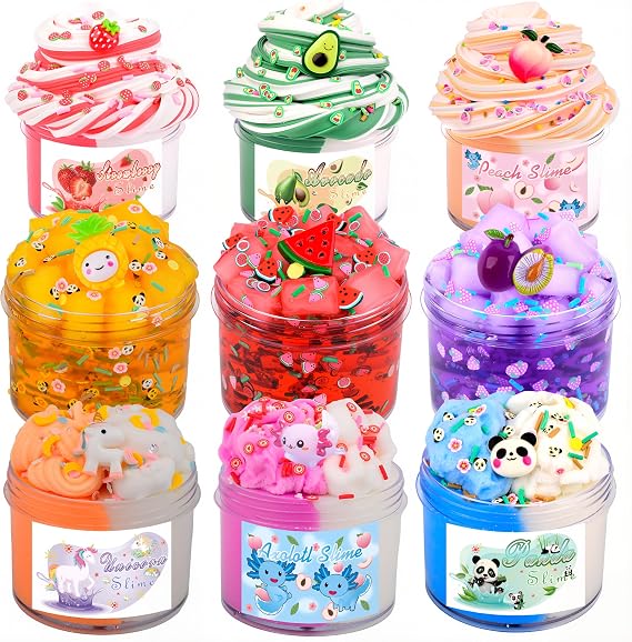 9 Pack Scented Slime Kit wich Butter Clear and Cloud Slime 3 Packs Each.Peach Axolotl Strawberry Add-ins,Jelly Cube Crystal Putty,Party Favor Easter Basket Stuffers for Kids