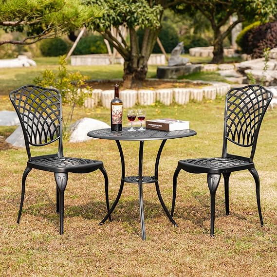 Black 3 Piece Bistro Sets Outdoor Bistro Table Set Cast Aluminum Bistro Table and Chairs Set of 2 with Umbrella Hole,All Weather Patio Furniture Set for Patio,Garden,Black
