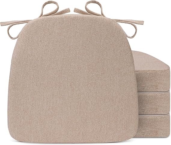 Sunsleek Chair Cushions for Dining Chairs, D-Shaped Seat Cushions with Removable Washable Cover and Ties, Chair Pads for Kitchen, Indoor Dining Room, Patio Chairs, 17'' x 16'', Set of 4, Khaki