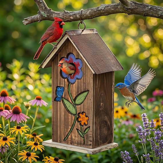 Topadorn Bird House for Outside, Wooden Hanging Birdhouse with Metal Roof