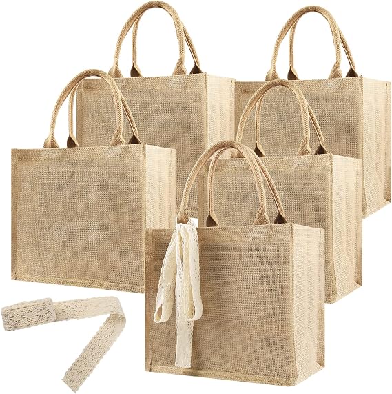 5 Pack Burlap Tote Bags Bulk, Reusable Jute Tote Bag with 7Yd Ribbon Blank Burlap Gift Bag with Handle Waterproof Beach Tote Bag for Bachelorette Gift Bags 12.2''x10.6''x6.3''