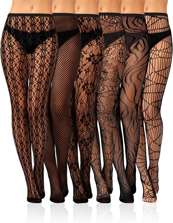 Fourluoo 6 Pairs Lace Patterned Fishnet Tights for Women Black Fishnets Leggings Lace Tights Waist Floral Pantyhose