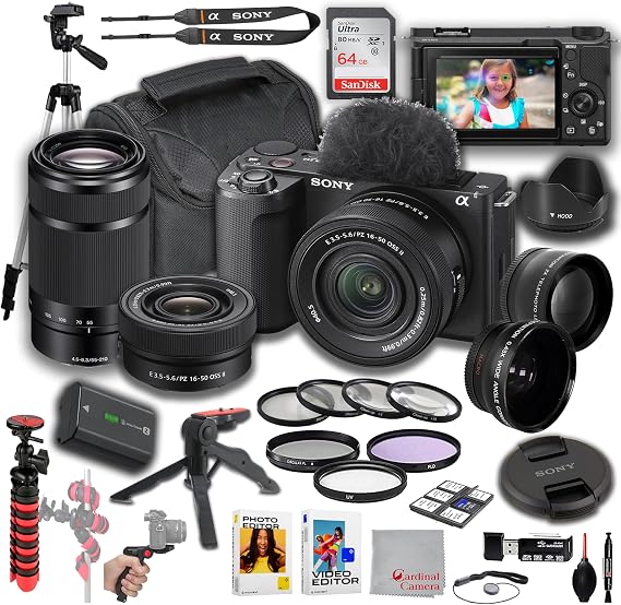 Sony ZV-E10 II Camera + Sony 16-50mm Lens + Sony E 55-210mm, Wide Angle and Telephoto Lens, 64GB Memory, Filters, Tripod Kit, Deluxe Case, Software & More Pro Video Bundle (35pc)