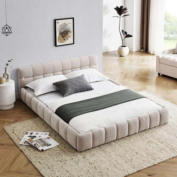 Upholstered Bed Frame Queen & Soft Bed Frame with Headboard,Soft Cloud Bed Frame&Wood Platform Bed,Shell-Shaped,Sturdy Slats,Heavy Duty 500 lbs,No Box Spring Needed,Easy Assembly (Beige2)