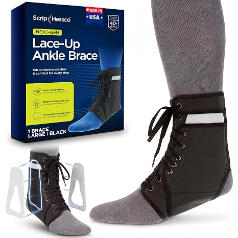 NEXT-GEN Lace-Up Ankle Brace with Removable Stabilizers - Steel Stays, Pulley Lacing - Athletic Trainer Recommended Ankle Support - Assembled in USA - HCPCS L1902 - Large