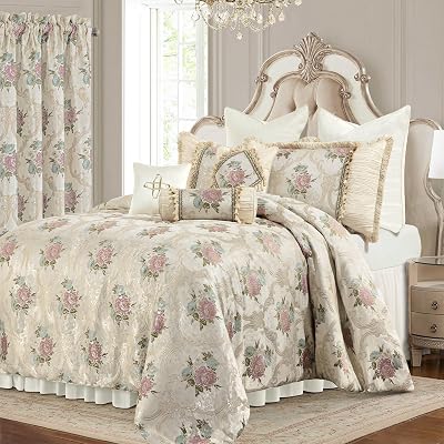 Loom and Mill 9-Piece Luxury European Floral Comforter Sets, Romantic French-Style Jacquard Bedding Set Queen Size with Euro Shams, Bedskirt, Filled Decorative Pillow for HomePearly Beige,Queen