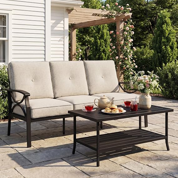 FansaFurn 3 Seats Outdoor Patio Furniture Set, Outdoor Metal Sectional Furniture with Cushions, Outdoor Conversation Set with Coffee Table for Deck, Balcony, Backyard, Garden, Black