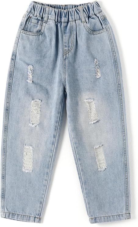 KIDSCOOL SPACE Girl Jeans,Elastic Elastic Waist Patchwok Raw Edge Denim Pants