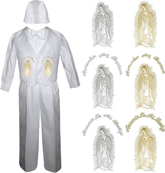 4 PC Baby Boys Christening Baptism Communion Pants Set Gold or Sliver Embroidery Mary Maria Guadalupe SM-4T